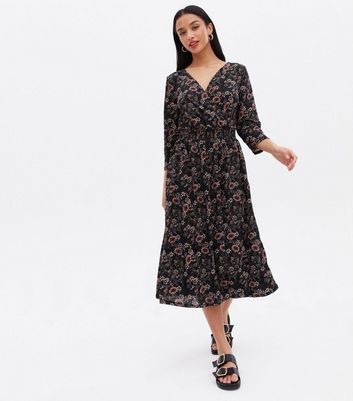 ONLY Petite Black Floral Jersey Wrap Dress | New Look